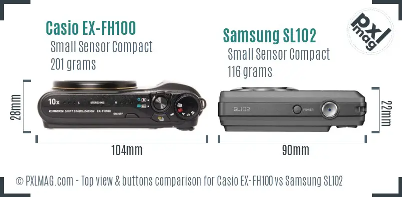 Casio EX-FH100 vs Samsung SL102 top view buttons comparison