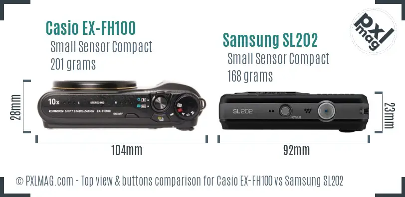 Casio EX-FH100 vs Samsung SL202 top view buttons comparison