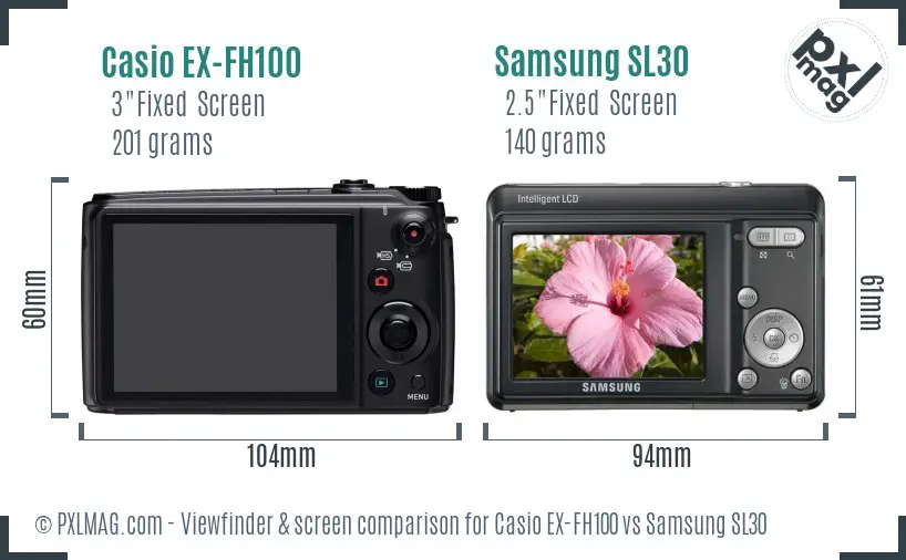 Casio EX-FH100 vs Samsung SL30 Screen and Viewfinder comparison
