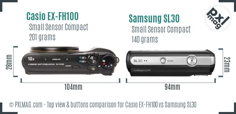 Casio EX-FH100 vs Samsung SL30 top view buttons comparison