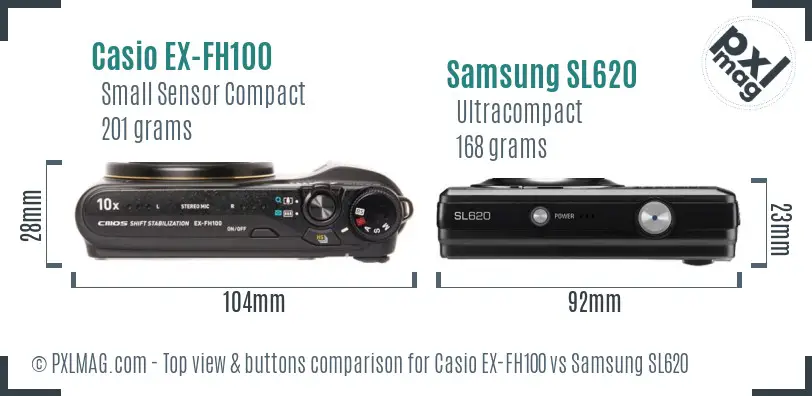 Casio EX-FH100 vs Samsung SL620 top view buttons comparison