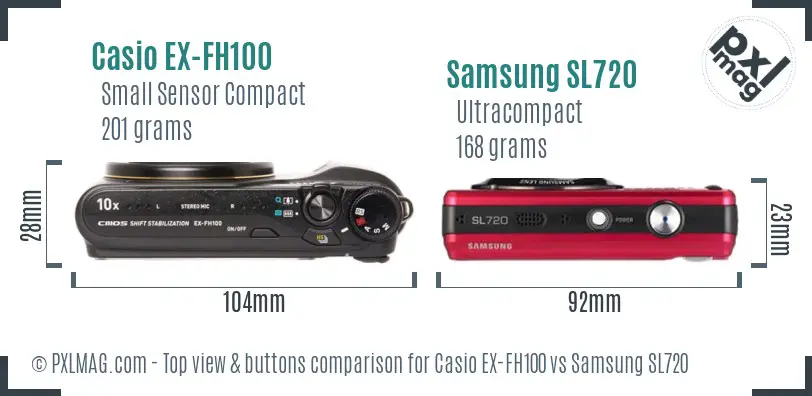 Casio EX-FH100 vs Samsung SL720 top view buttons comparison Casio EX-FH100 vs Samsung SL720 top view buttons comparison