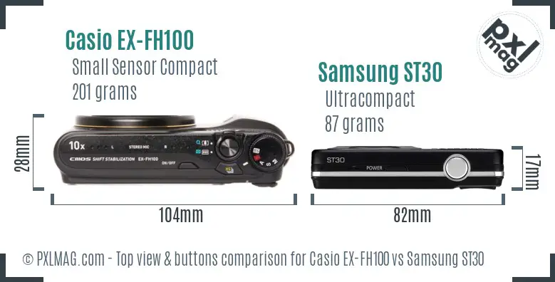 Casio EX-FH100 vs Samsung ST30 top view buttons comparison