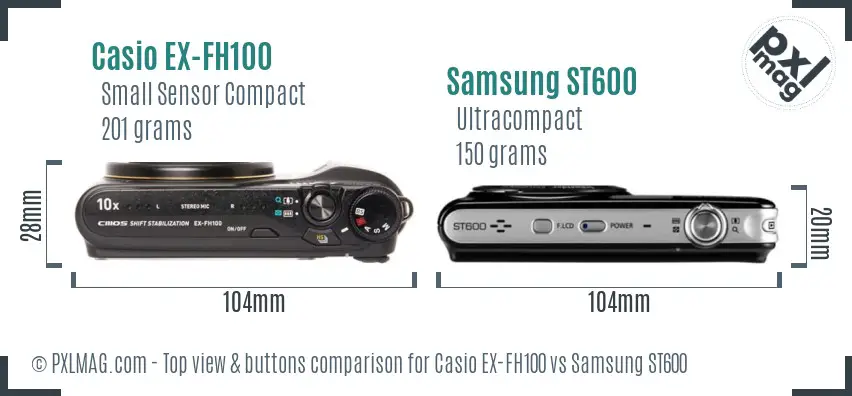 Casio EX-FH100 vs Samsung ST600 top view buttons comparison Casio EX-FH100 vs Samsung ST600 top view buttons comparison