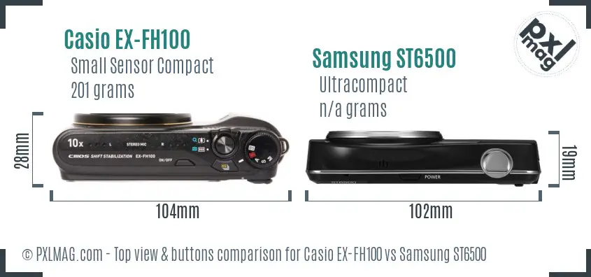 Casio EX-FH100 vs Samsung ST6500 top view buttons comparison Casio EX-FH100 vs Samsung ST6500 top view buttons comparison