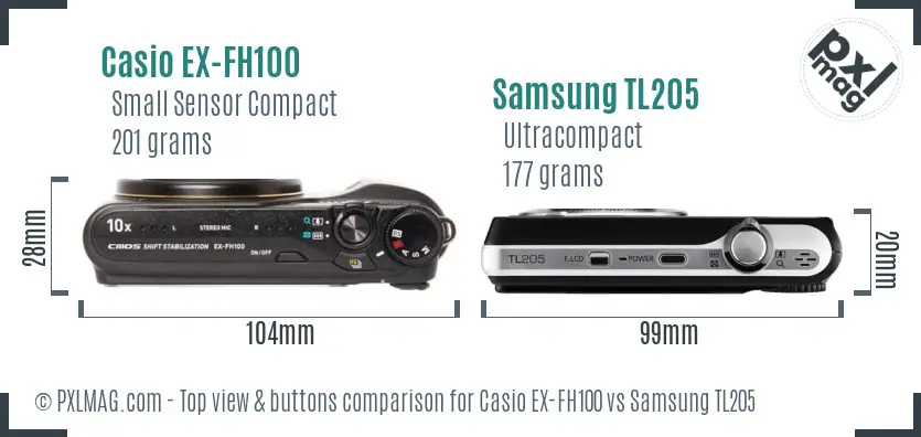 Casio EX-FH100 vs Samsung TL205 top view buttons comparison