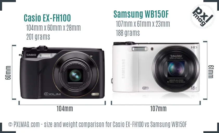 Casio EX-FH100 vs Samsung WB150F size comparison