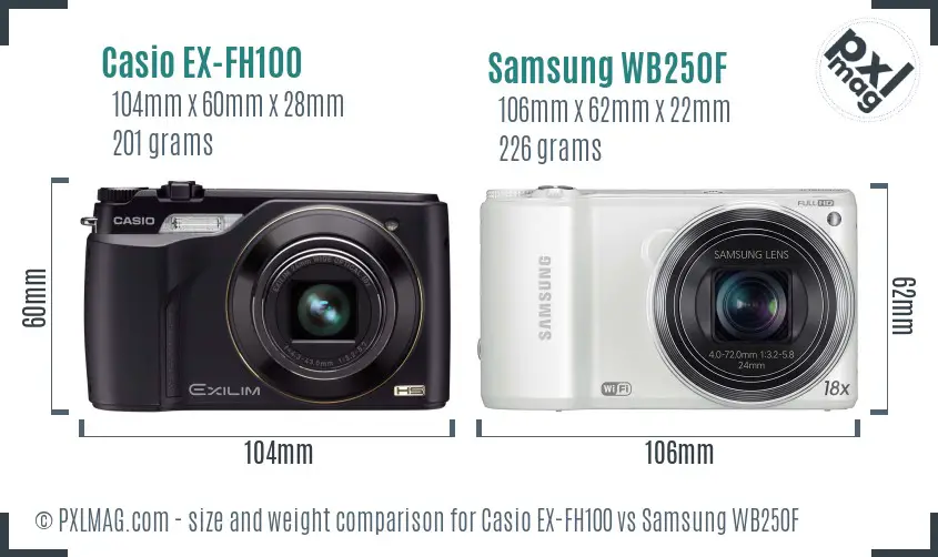 Casio EX-FH100 vs Samsung WB250F size comparison