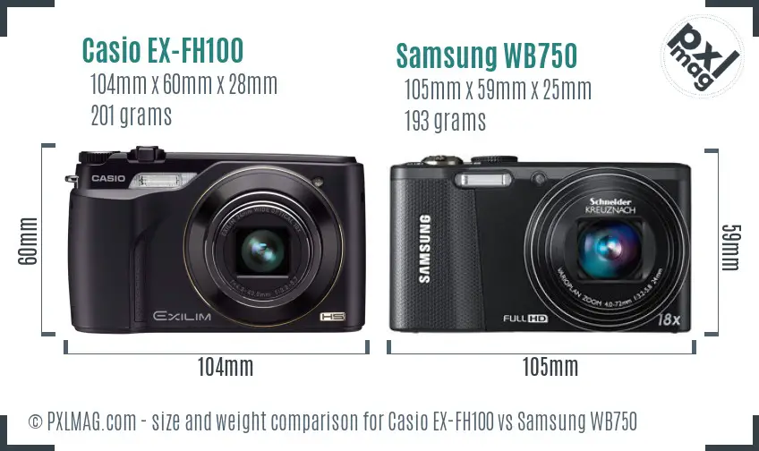 Casio EX-FH100 vs Samsung WB750 size comparison