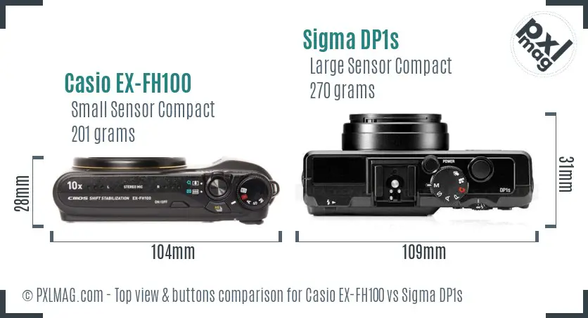 Casio EX-FH100 vs Sigma DP1s top view buttons comparison