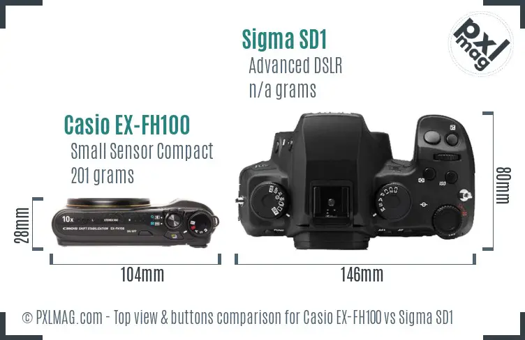 Casio EX-FH100 vs Sigma SD1 top view buttons comparison