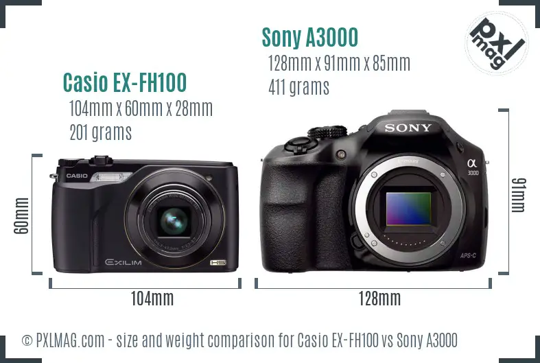 Casio EX-FH100 vs Sony A3000 size comparison