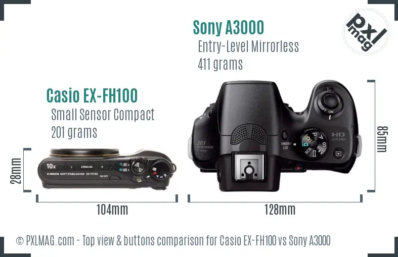 Casio EX-FH100 vs Sony A3000 top view buttons comparison