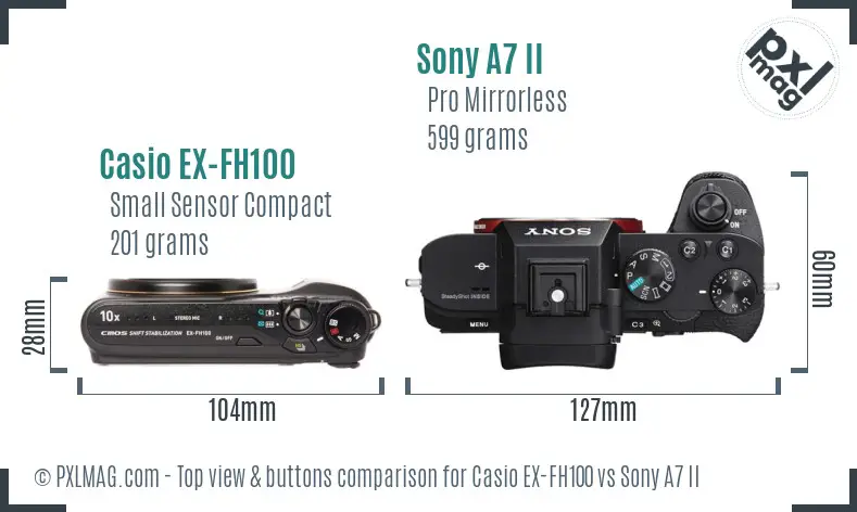Casio EX-FH100 vs Sony A7 II top view buttons comparison