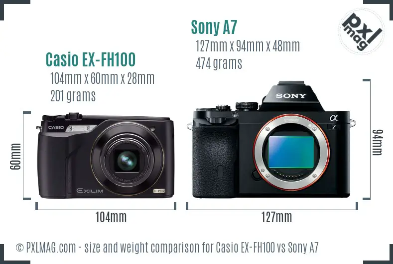 Casio EX-FH100 vs Sony A7 size comparison