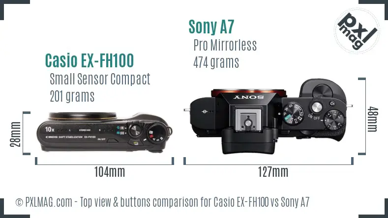 Casio EX-FH100 vs Sony A7 top view buttons comparison