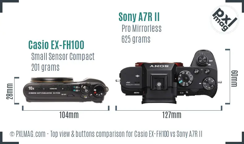 Casio EX-FH100 vs Sony A7R II top view buttons comparison