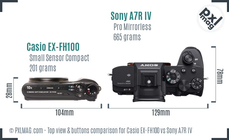 Casio EX-FH100 vs Sony A7R IV top view buttons comparison
