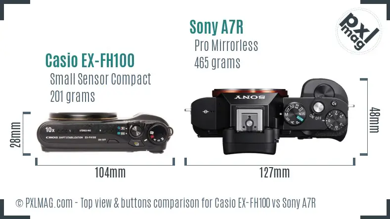 Casio EX-FH100 vs Sony A7R top view buttons comparison Casio EX-FH100 vs Sony A7R top view buttons comparison