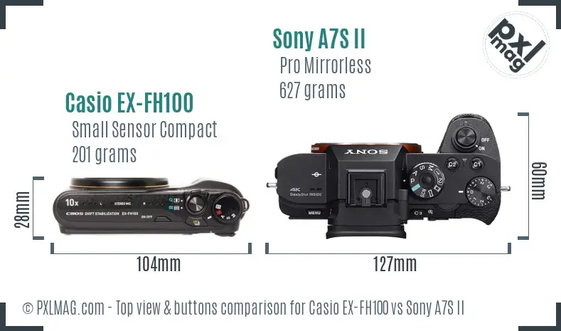 Casio EX-FH100 vs Sony A7S II top view buttons comparison