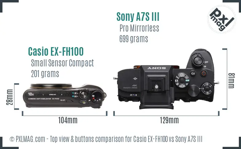 Casio EX-FH100 vs Sony A7S III top view buttons comparison