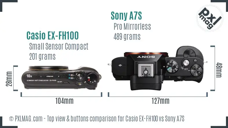 Casio EX-FH100 vs Sony A7S top view buttons comparison