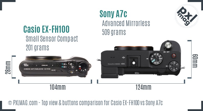 Casio EX-FH100 vs Sony A7c top view buttons comparison