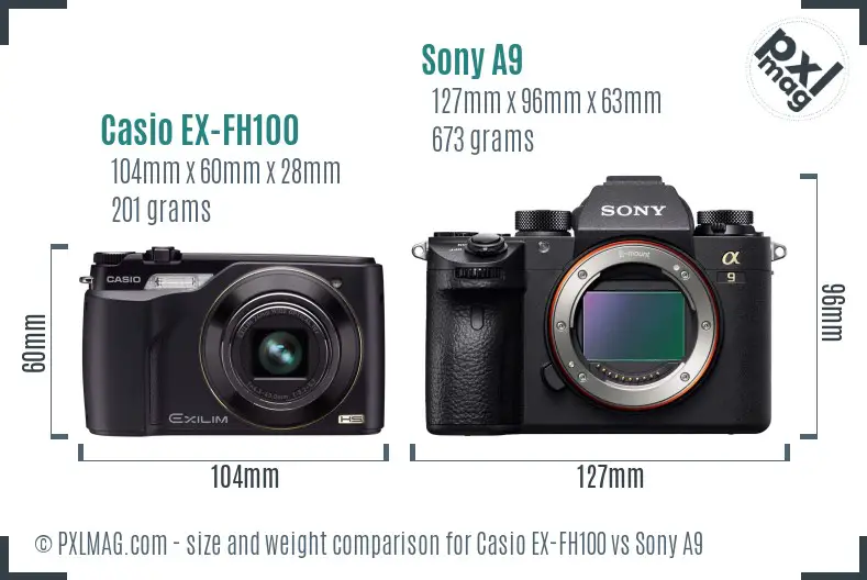 Casio EX-FH100 vs Sony A9 size comparison