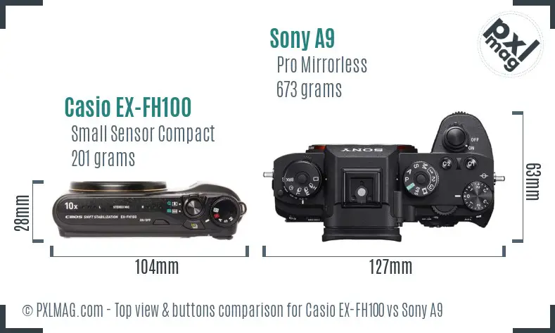 Casio EX-FH100 vs Sony A9 top view buttons comparison