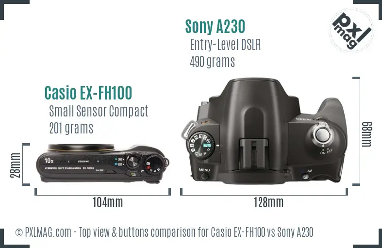 Casio EX-FH100 vs Sony A230 top view buttons comparison