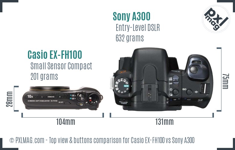 Casio EX-FH100 vs Sony A300 top view buttons comparison