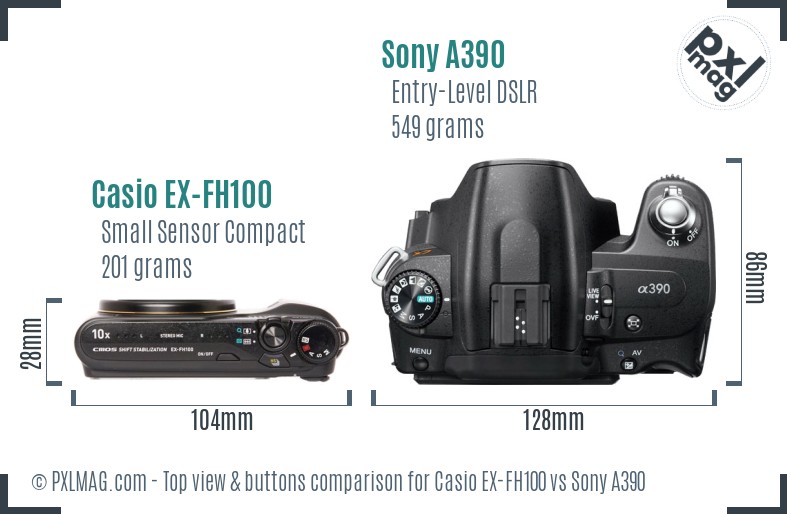 Casio EX-FH100 vs Sony A390 top view buttons comparison