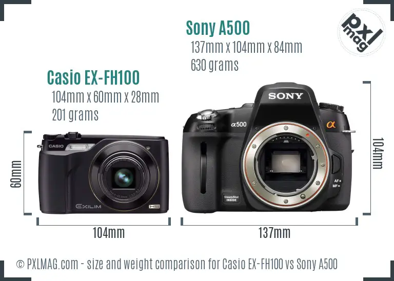 Casio EX-FH100 vs Sony A500 size comparison Casio EX-FH100 vs Sony A500 size comparison