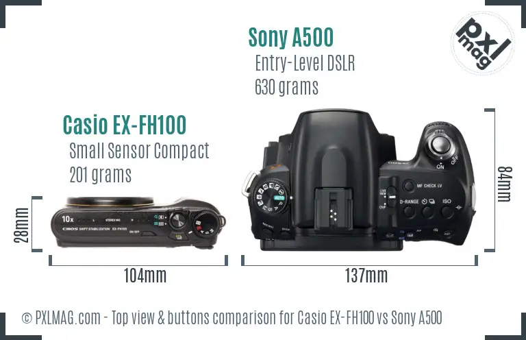 Casio EX-FH100 vs Sony A500 top view buttons comparison Casio EX-FH100 vs Sony A500 top view buttons comparison