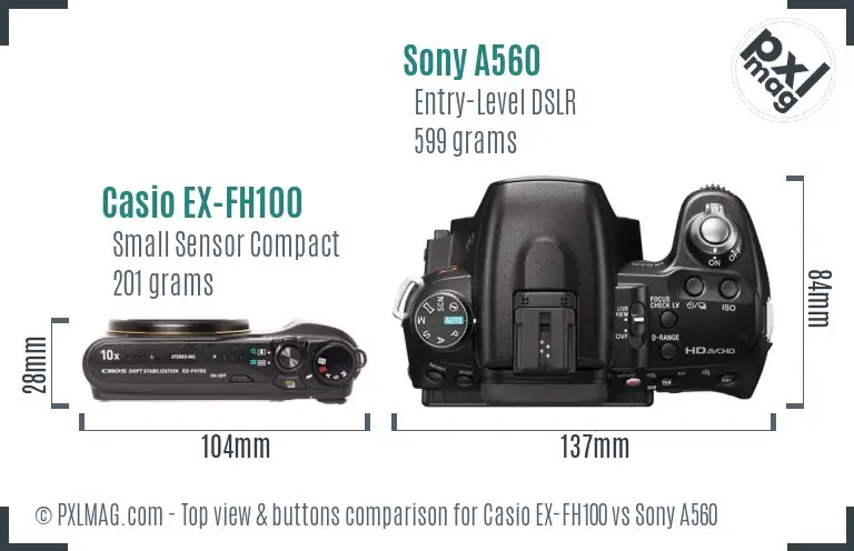 Casio EX-FH100 vs Sony A560 top view buttons comparison