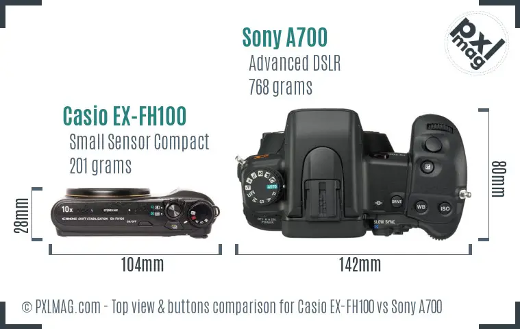 Casio EX-FH100 vs Sony A700 top view buttons comparison
