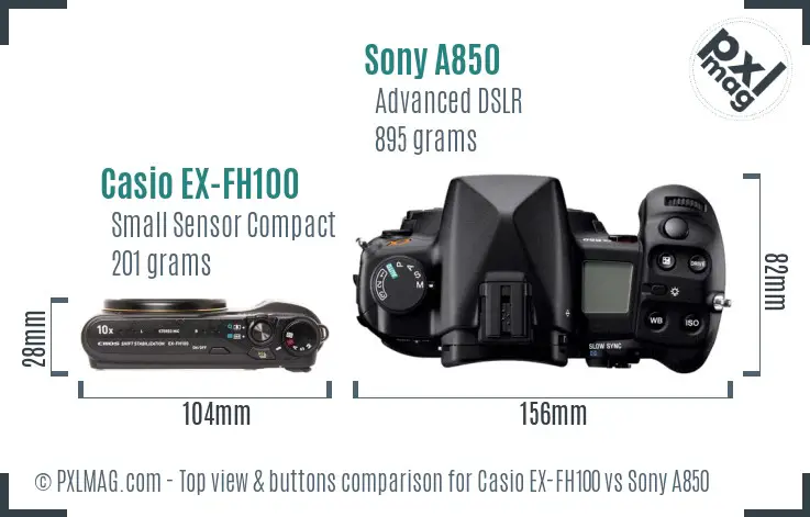 Casio EX-FH100 vs Sony A850 top view buttons comparison Casio EX-FH100 vs Sony A850 top view buttons comparison