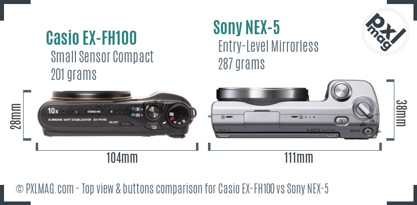Casio EX-FH100 vs Sony NEX-5 top view buttons comparison