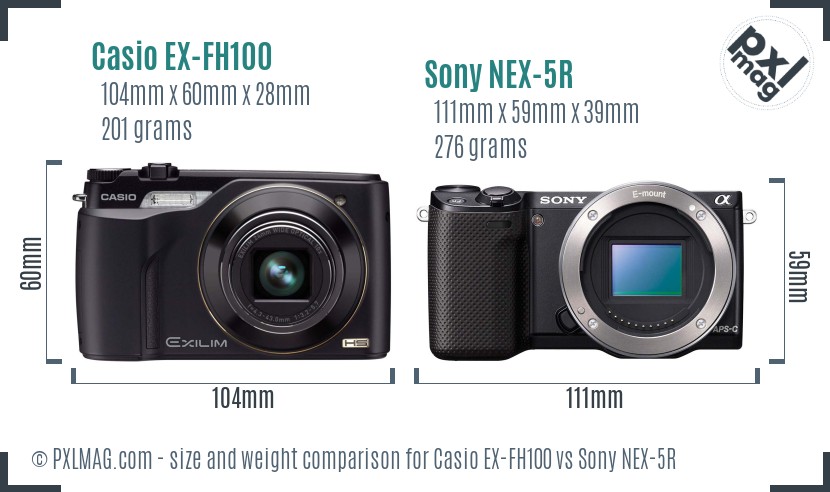 Casio EX-FH100 vs Sony NEX-5R size comparison