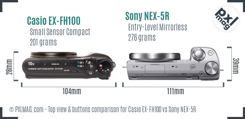 Casio EX-FH100 vs Sony NEX-5R top view buttons comparison