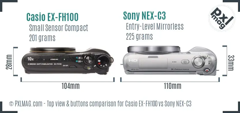 Casio EX-FH100 vs Sony NEX-C3 top view buttons comparison