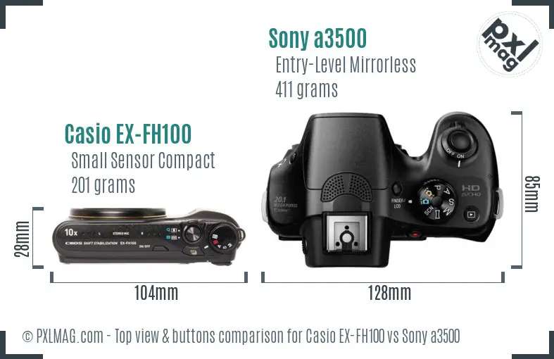Casio EX-FH100 vs Sony a3500 top view buttons comparison Casio EX-FH100 vs Sony a3500 top view buttons comparison