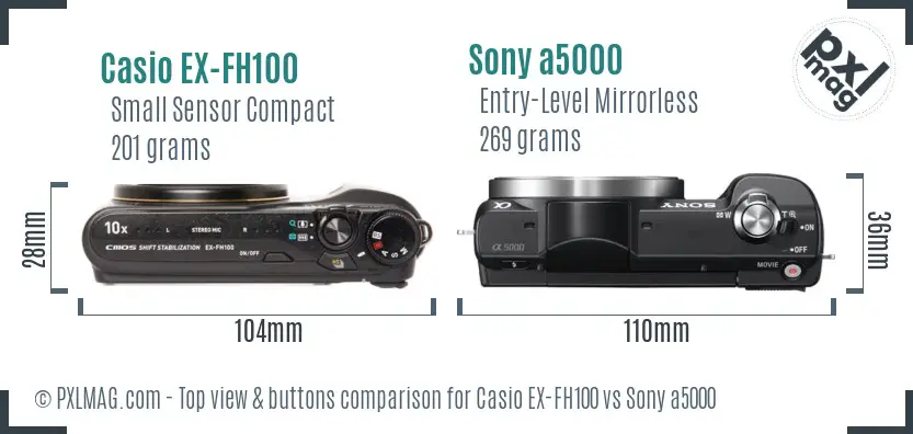 Casio EX-FH100 vs Sony a5000 top view buttons comparison Casio EX-FH100 vs Sony a5000 top view buttons comparison