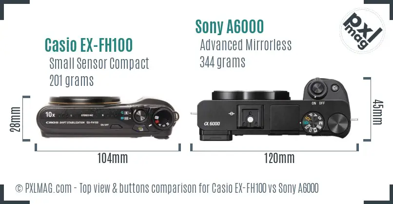 Casio EX-FH100 vs Sony A6000 top view buttons comparison