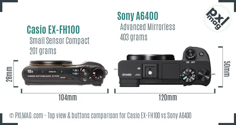 Casio EX-FH100 vs Sony A6400 top view buttons comparison
