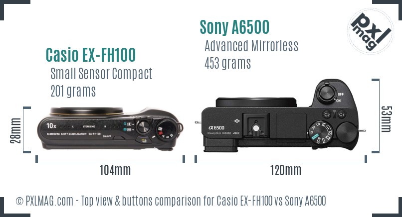 Casio EX-FH100 vs Sony A6500 top view buttons comparison