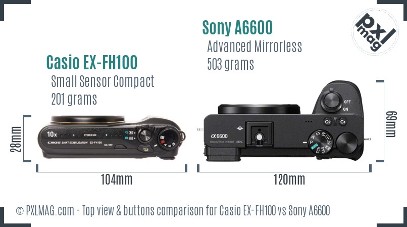 Casio EX-FH100 vs Sony A6600 top view buttons comparison
