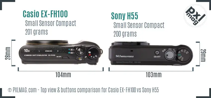 Casio EX-FH100 vs Sony H55 top view buttons comparison Casio EX-FH100 vs Sony H55 top view buttons comparison