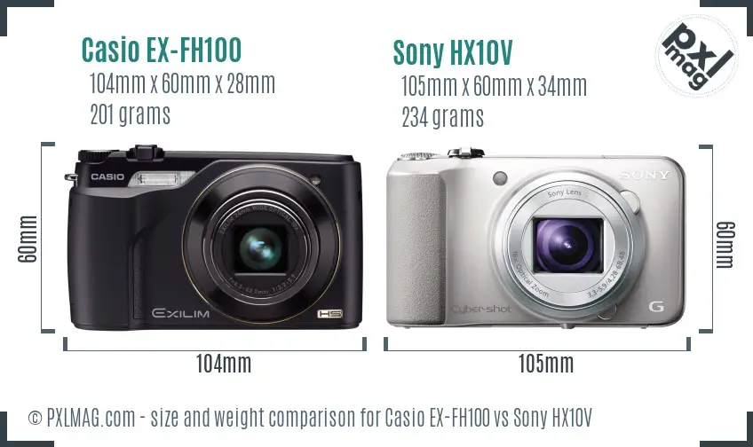 Casio EX-FH100 vs Sony HX10V size comparison