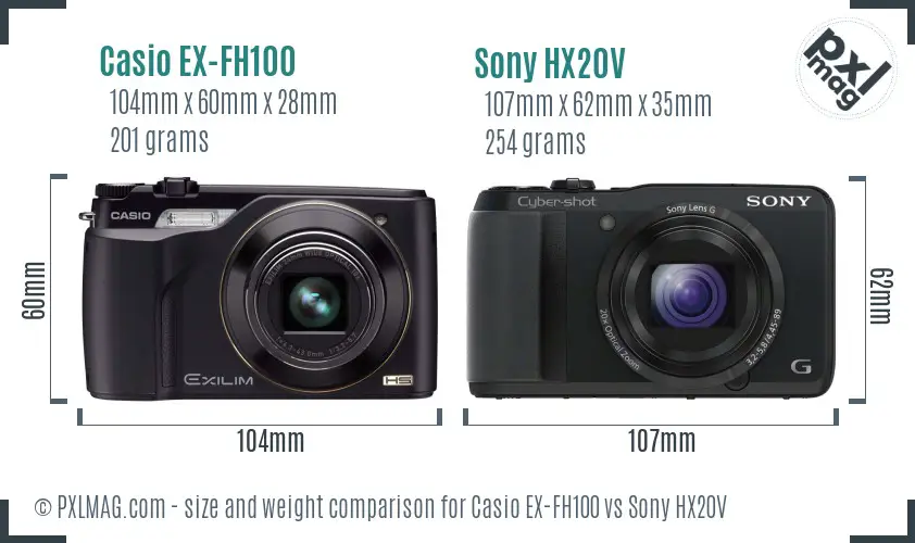 Casio EX-FH100 vs Sony HX20V size comparison